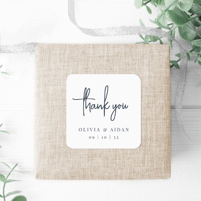 Navy | Modern Handwritten Script Wedding Thank You Square Sticker (Creator Uploaded)