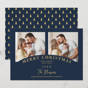 Navy Modern Luxury Chic Christmas 2 Photos Family Invitation