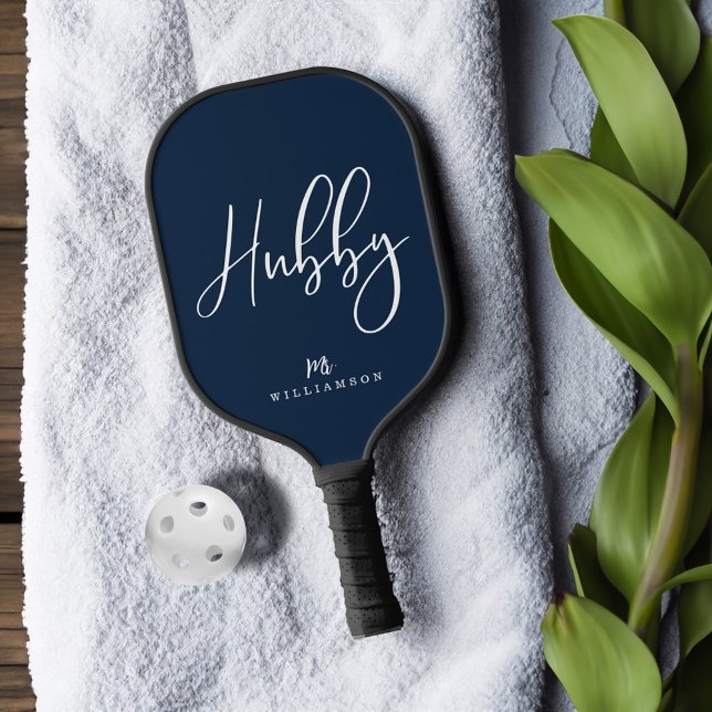 Navy Modern Minimal Hubby Script Personalised Name Pickleball Paddle (Navy Modern Minimal Hubby Script Personalized Name Pickleball Paddle)