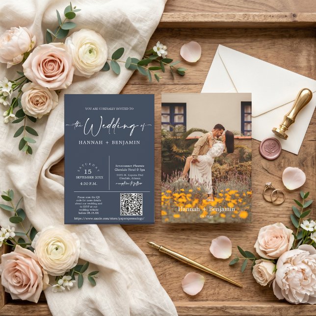 Navy Modern Minimalist Wedding Arch QR Code Photo Invitation (Creator Uploaded)
