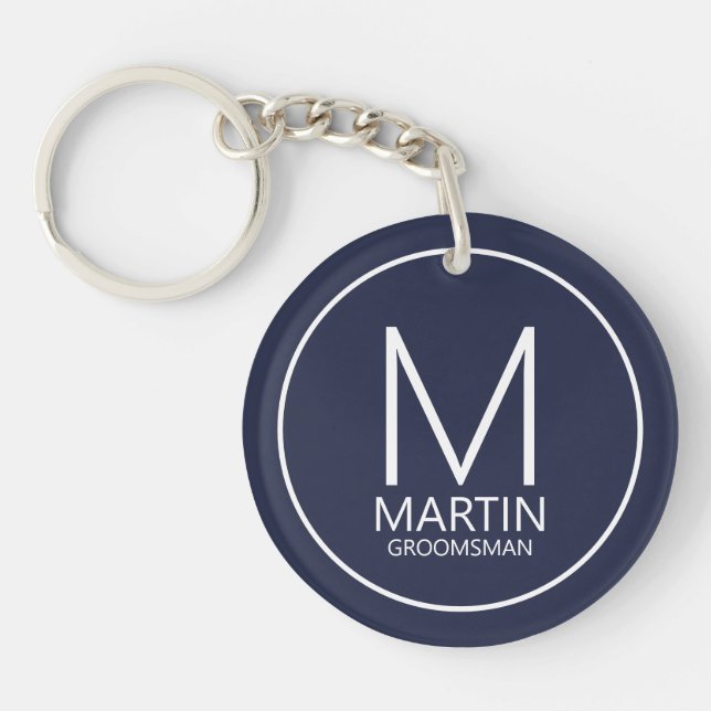 Navy Modern Personalised Monogram&Name Groomsmen Key Ring (Front)