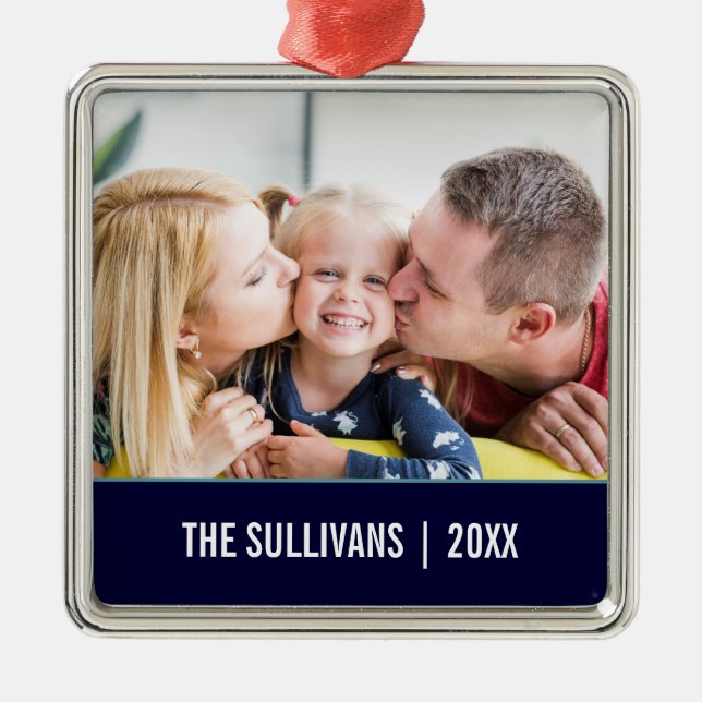 Navy Modern Personalised Photo and custom text Metal Ornament (Front)