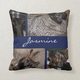 Navy Modern Pet Photo Collage Monogrammed Cushion