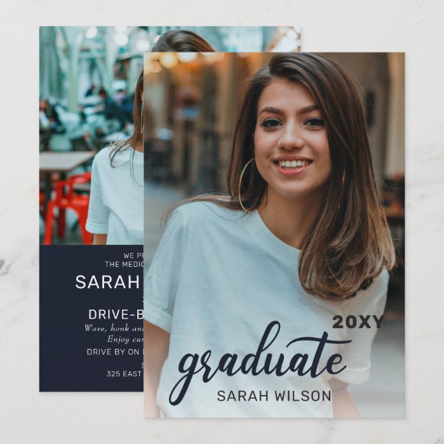 Navy Modern Script Graduate Two Photos Drive By Invitation (Front/Back)