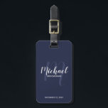 Navy Modern Script Personalised Groomsmen Luggage Tag<br><div class="desc">Add a personal touch to your wedding with personalised groomsmen luggage tag. This luggage tag features personalised groomsmen's name in white modern script font style and monogram in light navy blue modern script font style as background with title and wedding date in white modern sans serif font style on navy...</div>