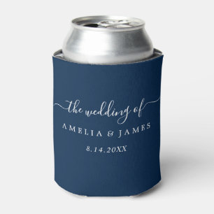 Navy Modern Script Wedding Can Cooler