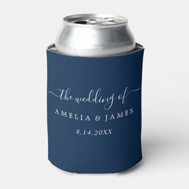 Navy Modern Script Wedding Can Cooler (Can Front)