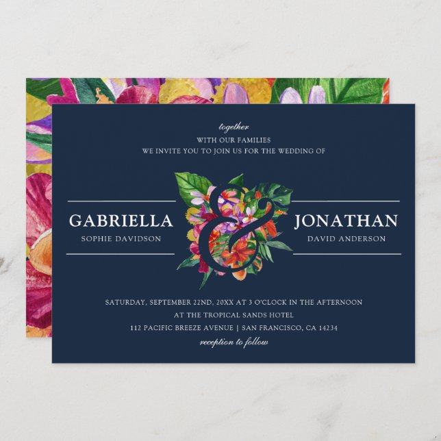 Navy Modern Tropical Bouquet Wedding Invitation (Front/Back)