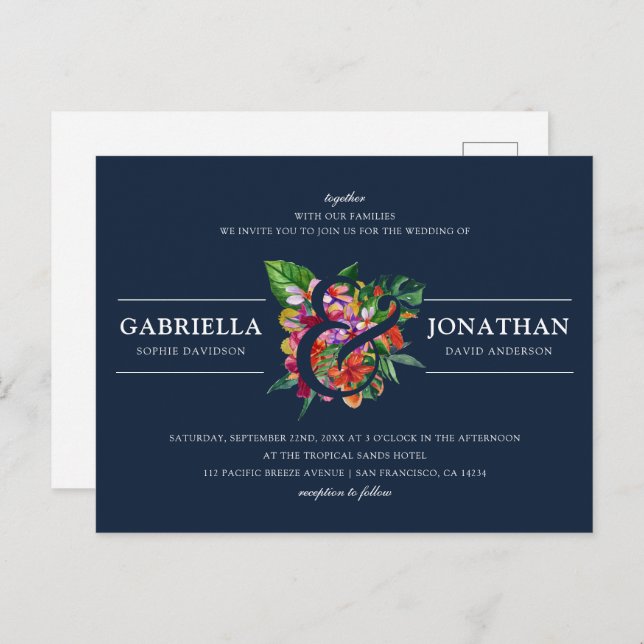 Navy Modern Tropical Bouquet Wedding Invitation Postcard (Front/Back)
