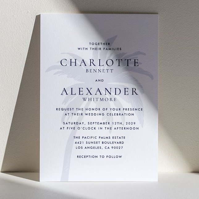 Navy Modern Tropical Palm Tree Wedding Invitation (Creator Uploaded)