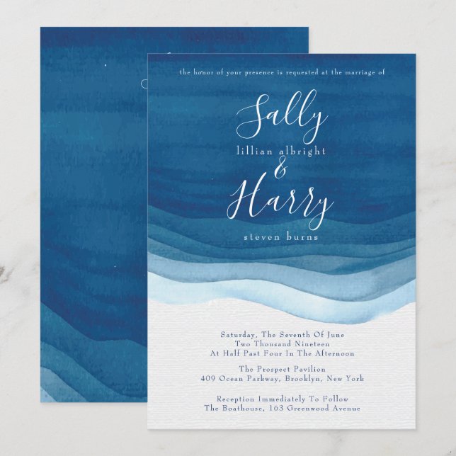 Navy, Modern Watercolor Waves Wedding Invitation (Front/Back)