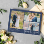 Navy Modern Wedding 3 Photo Collage Thank You<br><div class="desc">Say thank you to your wedding guests with a photo collage where you can feature three of your own lovely wedding photos. Add your names and wedding date in a modern white font. Thank you is written in a charming hand-written script. On the back you can write by hand a...</div>
