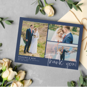 Navy Modern Wedding 3 Photo Collage Thank You