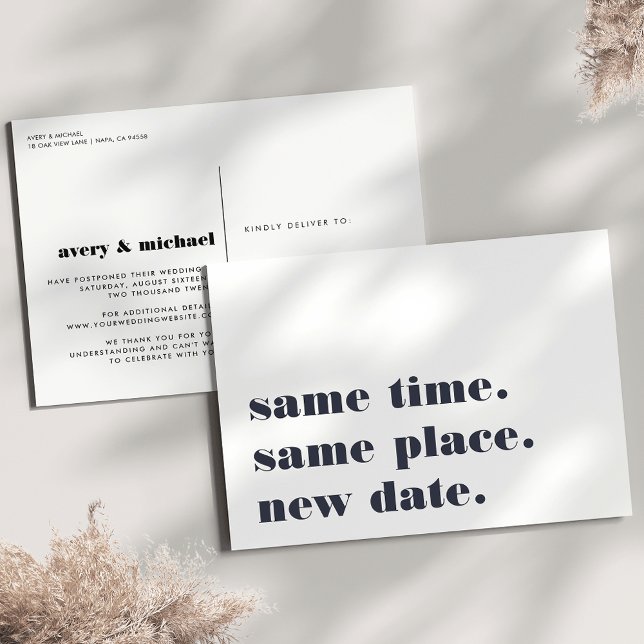 Navy | Modern Wedding Postponement Announcement Postcard (Creator Uploaded)