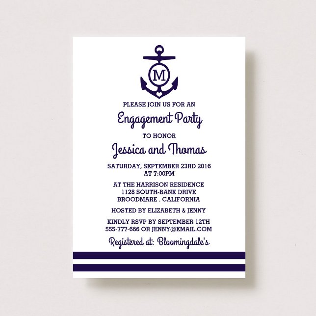 Navy Monogram Anchor Nautical Engagement Party Invitation (Creator Uploaded)