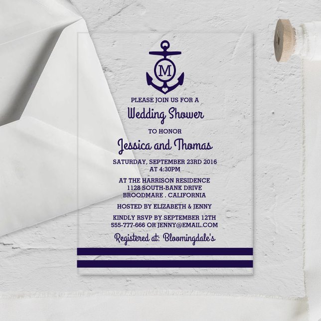 Navy Monogram Anchor Nautical Wedding Shower Acrylic Invitations (Creator Uploaded)