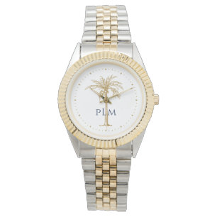 Navy Monogram Artistic Tropical Golden Palm Tree Watch