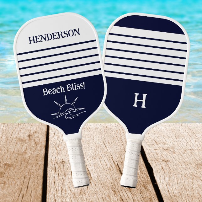 Navy Monogram Coastal Nautical Stripes Beach Pickleball Paddle (Creator Uploaded)