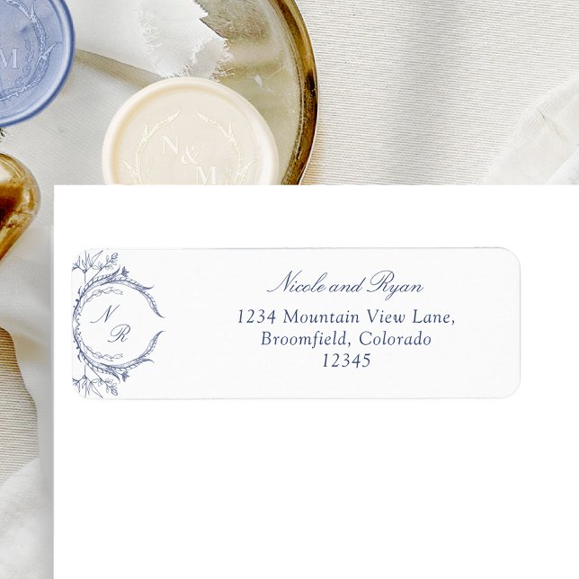 Navy Monogram Elegant Wedding Return Address Label (Creator Uploaded)
