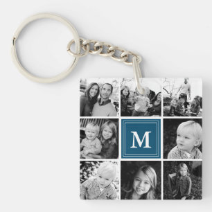 Navy Monogram Family Photo Collage Key Ring