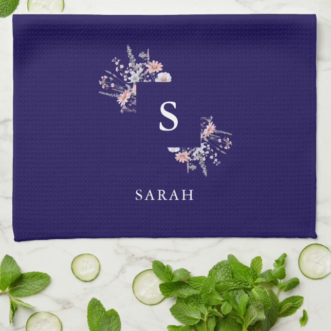 Navy Monogram Initial Modern Mum Tea Dish Tea Towel (Folded)