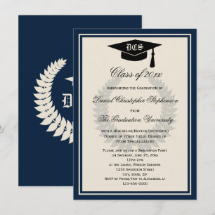 Navy Monogram Laurel Classic College Graduation Invitation