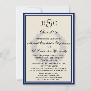 Navy Monogram Laurel Classic College Graduation Invitation