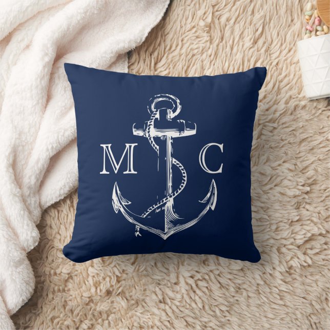 Navy Monogram Nautical White Sketch Anchor | Cushion (Blanket)