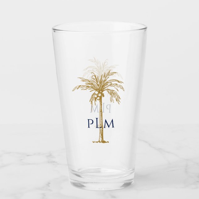 Navy Monogram on Artistic Tropical Gold Palm Tree Glass (Front)