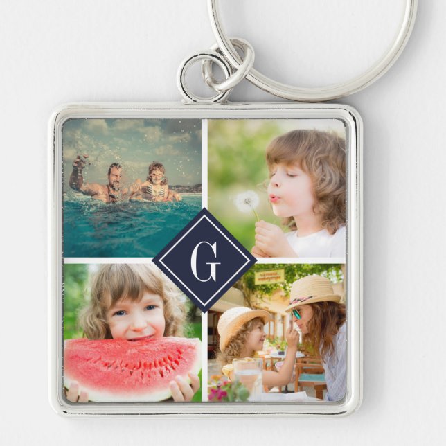 Navy Monogram Photo Collage Key Ring (Front)