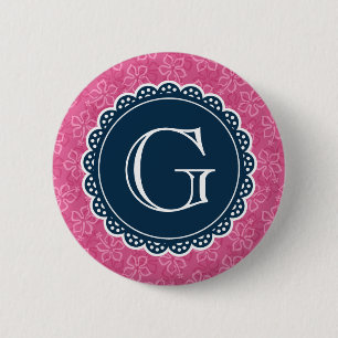 Navy Monogram Pink Hibiscus Pattern 6 Cm Round Badge
