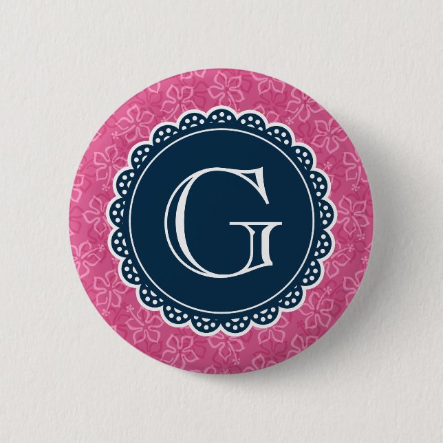 Navy Monogram Pink Hibiscus Pattern 6 Cm Round Badge (Front)