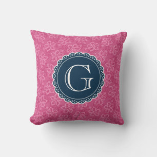 Navy Monogram Pink Hibiscus Pattern Cushion
