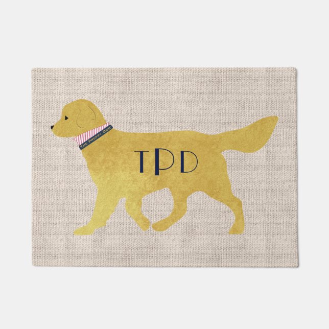 Navy Monogram Preppy Golden Retriever Tan Jute Doormat (Front)