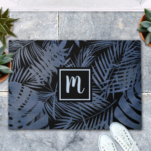 Navy monogram tropical palm leaf pattern modern doormat