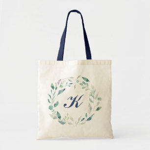 Navy Monogram Watercolor Blue Floral Wreath Tote Bag