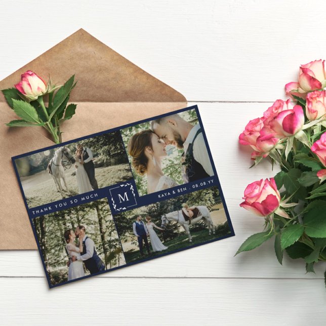 Navy Monogrammed Photo Collage Wedding Thank You (Creator Uploaded)