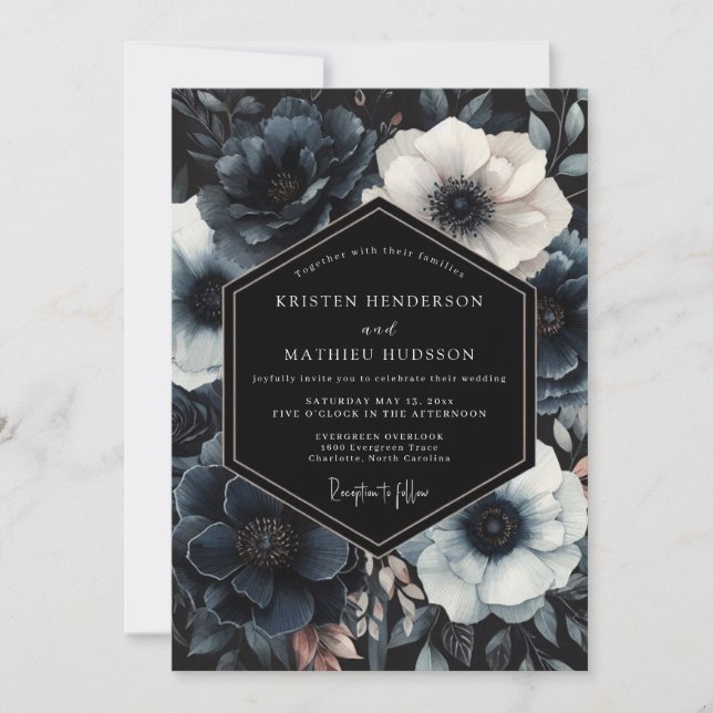 Navy Moody Bloom Wedding Invitation (Front)