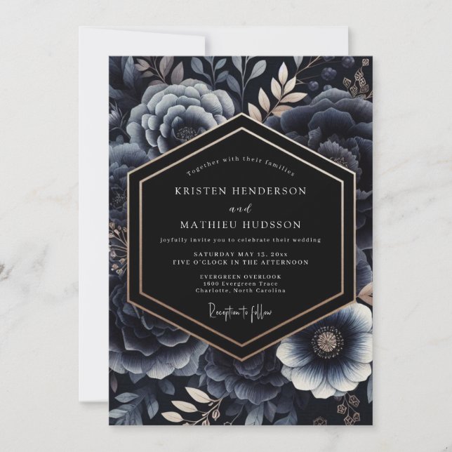 Navy Moody Botanical Wedding Invitation (Front)
