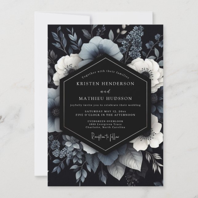 Navy Moody Floral Bloom Wedding Invitation (Front)