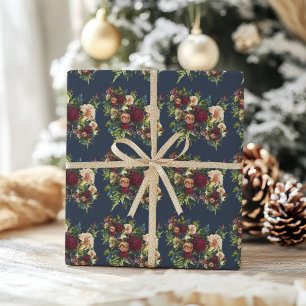 Navy Moody Floral Burgundy Wedding  Wrapping Paper