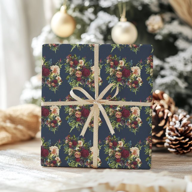 Navy Moody Floral Burgundy Wedding  Wrapping Paper (Creator Uploaded)