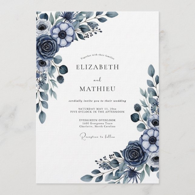 Navy Moody Floral Wedding Invitation (Front)