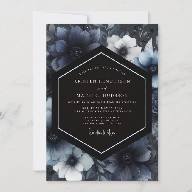 Navy Moody Floral Whimsy Wedding Invitation (Front)