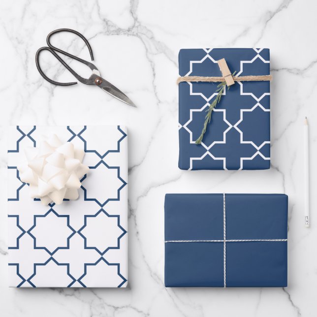 Navy Moroccan Arabesque Pattern Wrapping Paper Sheet (Front)