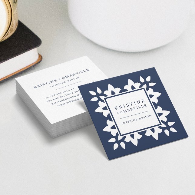 Navy | Moroccan Geometric Square Business Card (Creator Uploaded)