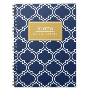 Navy Moroccan Pattern Gold Name Template Notebook