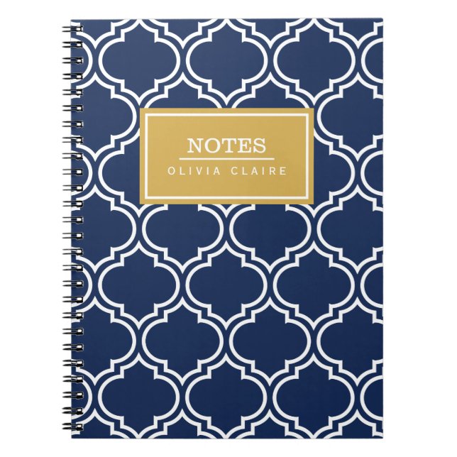 Navy Moroccan Pattern Gold Name Template Notebook (Front)