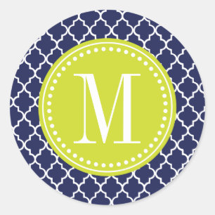 Navy Moroccan Tiles Lattice Personalised Classic Round Sticker