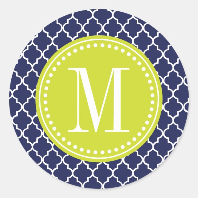 Navy Moroccan Tiles Lattice Personalised Classic Round Sticker (Front)